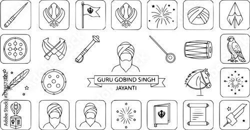 Guru Gobind Singh Jayanti outline icons set. Vector collection of Sikh religious symbols, weapons, cultural elements, and celebration items for the birth anniversary.