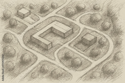 Site rough illustration plan pencil sketch vector detailed shading pathways draft