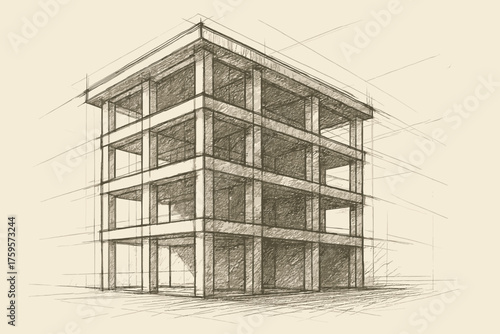 Pencil sketch multistory illustration vector muted architectural clarity plan building structural