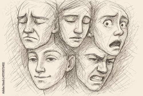 Depth moods abstract strokes different line faces vector overlap showing expressive face