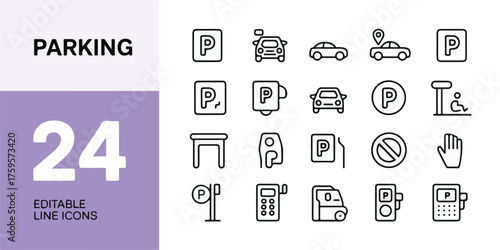 A minimalist parking and transportation icon set, purple-white theme, editable thin line icons, 24 smart, accessible, payment, vehicle, and signage symbols in black on white.