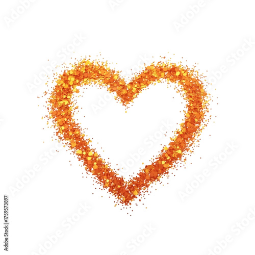 A heart shaped frame created from scattered orange and golden glitter particles on transparent background