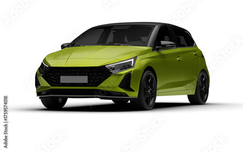 Front left three-quarter angle of green colored modern hatchbag car on transparent background.