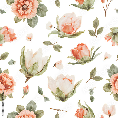 Seamless Abstract Watercolor Floral Pattern in Sage Green and Terracotta | Repeating Botanical Watercolor Design in Earthy Tones | Soft Sage and Terracotta Floral Seamless Background