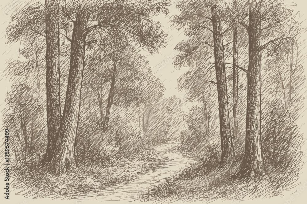 Fototapeta premium Sketch rough forest vector shading pencil outlines scene tall trees illustration