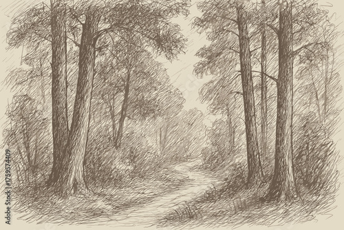 Sketch rough forest vector shading pencil outlines scene tall trees illustration
