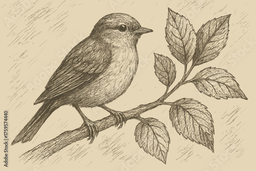 Hatching rough artistry sketch pencil perched branch feathers vector bird shading illustration