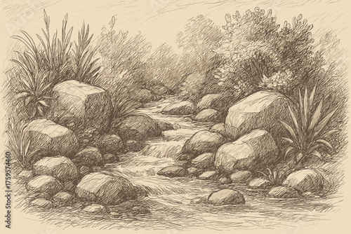 Illustration detailed pencil rough rocks through flowing vector plants shadows stream
