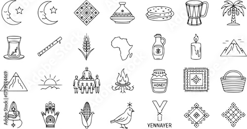 Amazigh Yennayer Culture Icons. Traditional Berber Symbols, Food, and Celebration Doodles. North African Heritage Vector Set.