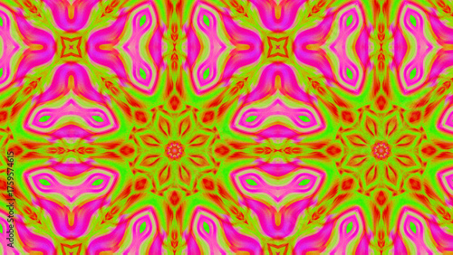 Seamless psychedelic kaleidoscope pattern with neon green, pink and orange mandala symmetry