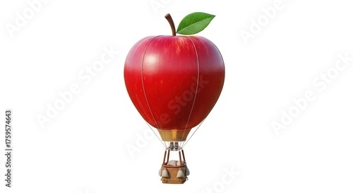 A vibrant red apple with a green leaf attached, transformed into a hot air balloon, ascending against a white background.
