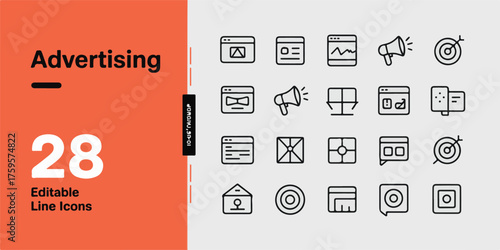 Editable advertising icons set, modern thin line vector illustration of marketing, promotion, branding, announcement, digital campaign, social media, business, isolated on white background.