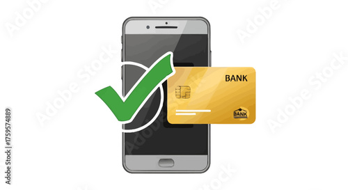 Successful mobile payment confirmed with a green checkmark on a smartphone screen, illustrating secure online transaction and e-commerce