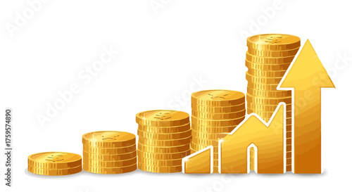 Illustration of rising stacks of gold coins with an upward arrow symbolizing financial growth, profit, and successful investment strategy