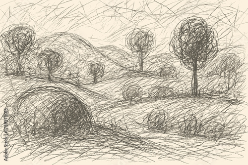 Crosshatched pencil shading vector scribble rough chaotic landscape abstract areas illustration trees