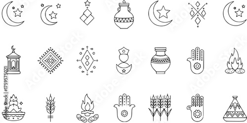 Middle Eastern Cultural Icons Set: Traditional Arabic, Islamic, Moroccan Symbols, Ramadan, Eid, Hamsa, Pottery, and Harvest Doodles