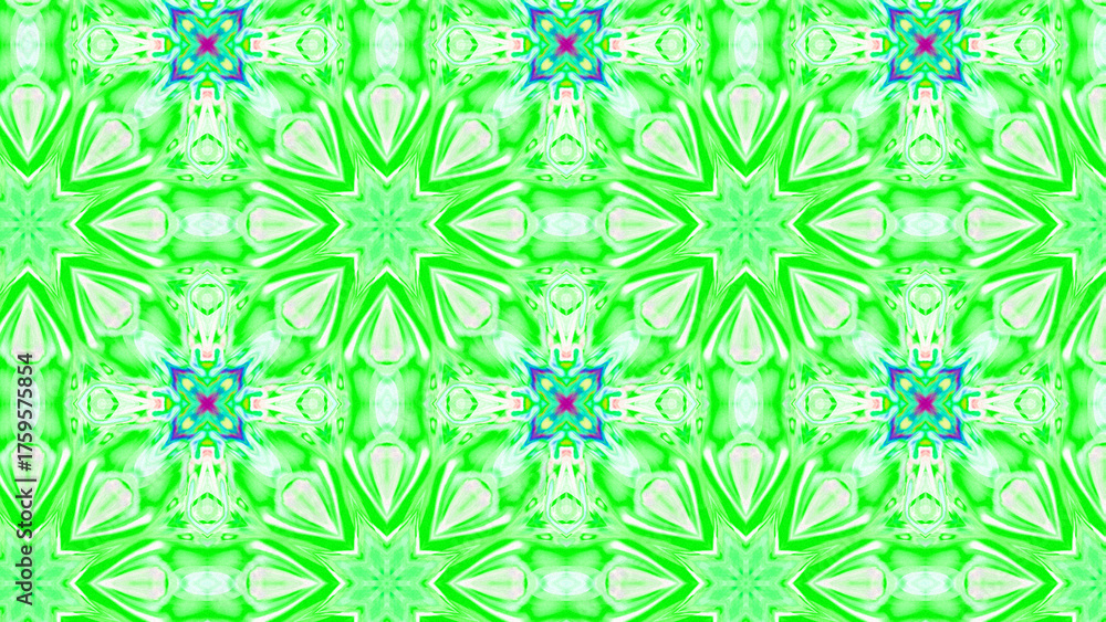 Fototapeta premium Seamless psychedelic kaleidoscope pattern with neon green, pink and orange mandala symmetry