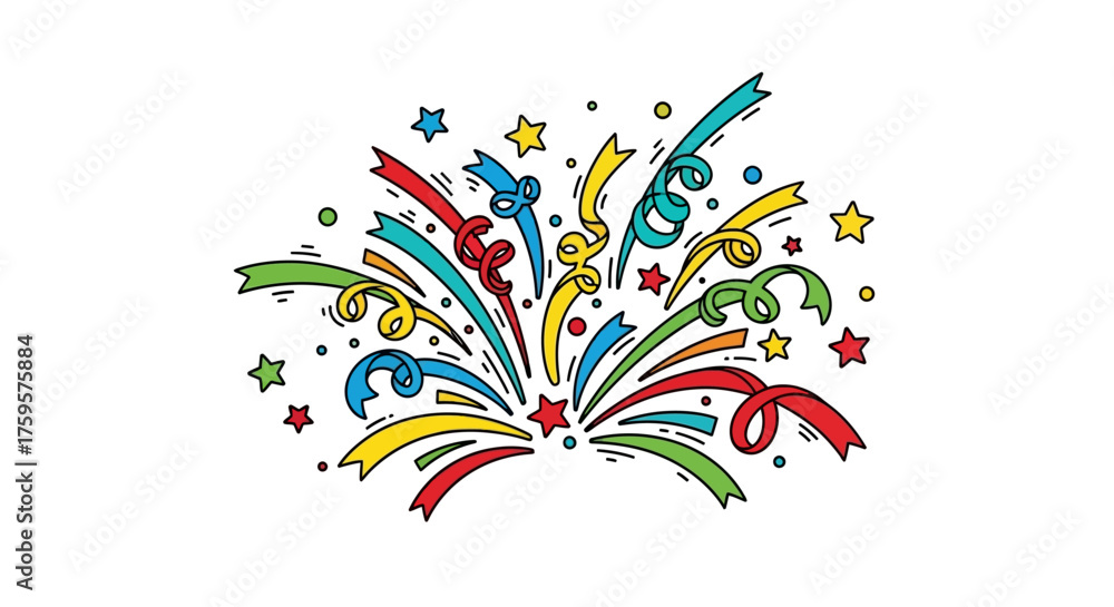 Obraz premium A colorful explosion of confetti and streamers against a white background, symbolizing celebration and joy.