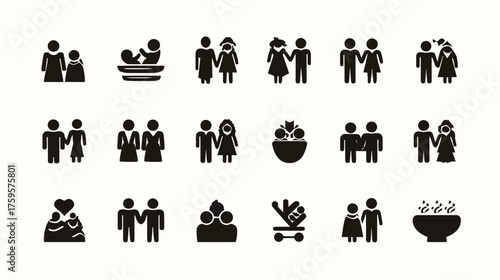 Collection of diverse family and relationship icons representing different family structures and connections.
