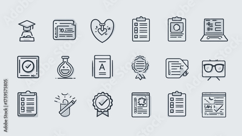 Collection of educational and professional icons representing various concepts and subjects.