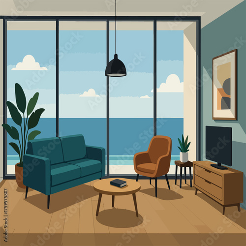 Modern Living Room Interior with Ocean View – Minimal Vector Illustration