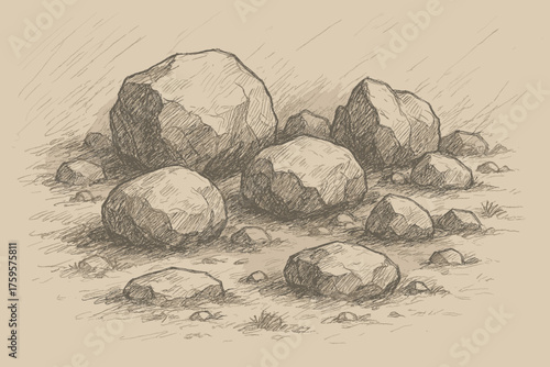 Contours boulders pencil illustration vector rough scattered simple ground sketch stonehatch deep