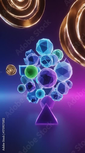 Abstract 3 d geometric shapes in vibrant colors against a dark backdrop