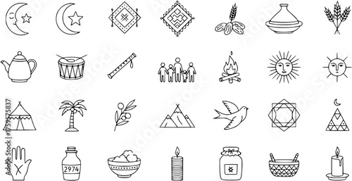 Traditional Moroccan Culture Hand-Drawn Line Art Icons Set. Berber Symbols, Food, Nature, Music, and Everyday Objects for Travel and Heritage Design.