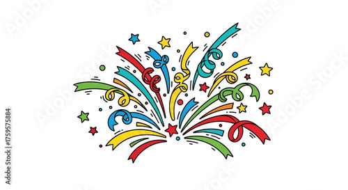 A colorful explosion of confetti and streamers against a white background, symbolizing celebration and joy.