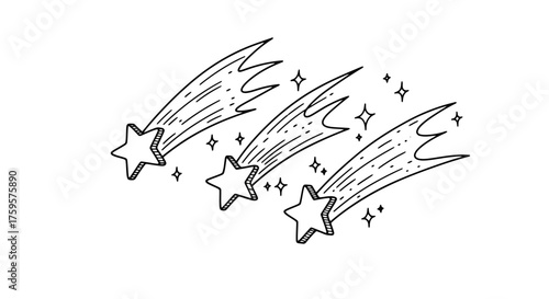 Three hand-drawn shooting stars with sparkling trails, a whimsical celestial doodle illustration.