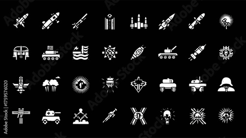 Collection of military and warfare icons on black background.