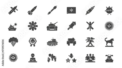Collection of military and war-related icons in black and white.