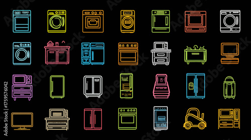 Collection of Neon Outline Icons Representing Home Appliances and Electronics.