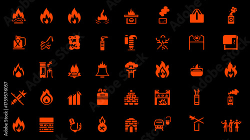 Collection of orange flame icons on a black background for various purposes.