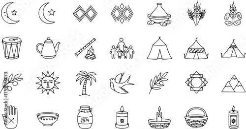 Berber, Amazigh  Moroccan Cultural Line Art Icons Set. Traditional North African Symbols: Tagine, Hamsa, Tent, Palm Tree, Teapot, Drum, Crescent, Sun, Wheat, Candle, Family.
