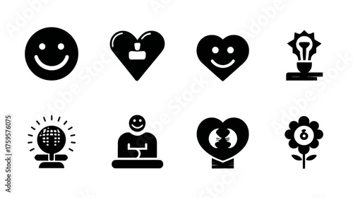 Collection of Positive Icons Representing Happiness Growth and Ideas.