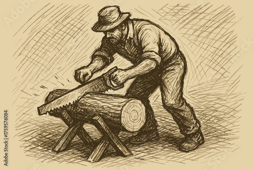 Emphasizing illustration vector movement rough sawing lines motion sketch simple crosshatching woodworker