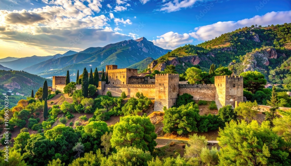 Obraz premium Ancient stone castle fortress perched on a sunlit hillside surrounded by lush green trees and distant mountains under a dramatic blue sky with golden hour lighting