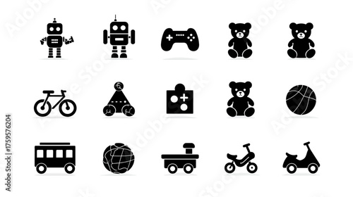 Collection of various black silhouette toy icons for children.