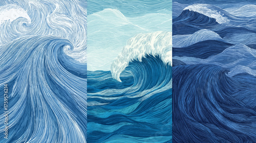 Collection of three stylized blue sea wave paintings.