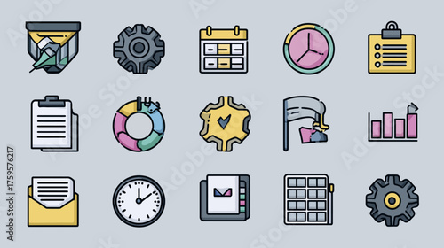 Collection of various business and work related icons and symbols for design.