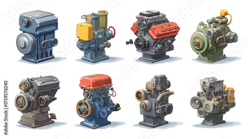 Collection of various car engines and mechanical parts on white background.