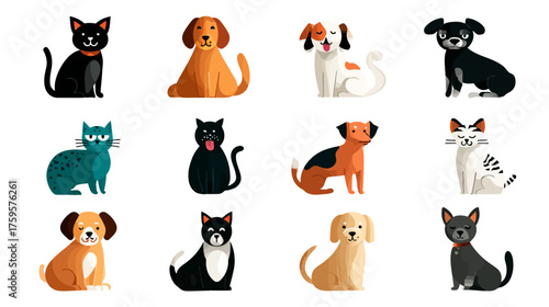 Collection of various domestic cats and dogs in different poses and colors.