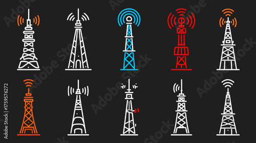 Collection of various communication towers broadcasting signals.