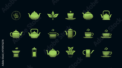 Collection of various green tea pots and cups with tea leaves.