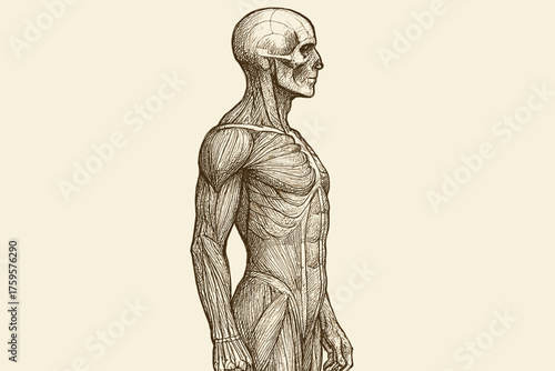 Skeletal body fine crosshatch illustration lines showing sketch profile anatomy vector