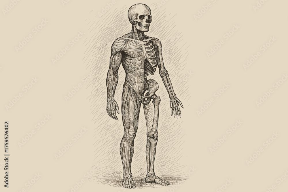 Fototapeta premium Layers standing figure vector anatomical combining detail sketch skeleton illustration crosshatch