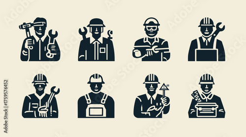 Collection of worker icons representing various construction and repair professions.
