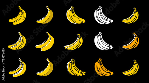 Collection of Yellow Bananas in Various Poses and Styles.