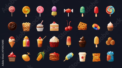 Colorful assortment of sweet treats and junk food icons.